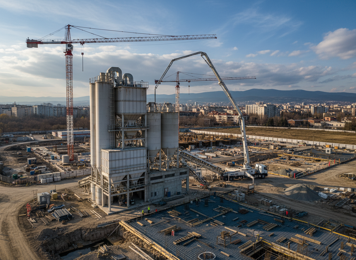 Wide-angle aerial or distant shot of a large industrial concrete batching plant and concrete pump truck on an active construction site in Sofia, Bulgaria. Shot from far away showing the full scale of the equipment and surroundings — open sky, construction cranes in background, workers visible as small figures. Professional construction photography, dramatic natural lighting, modern industrial atmosphere, photorealistic.